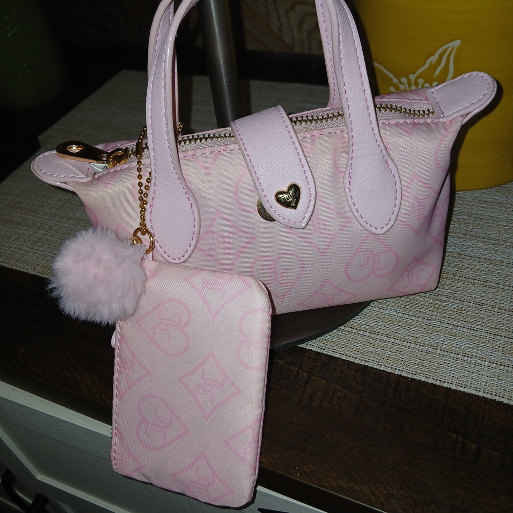 Mini Pink Heart-Accent Top-Handle Bag with Matching Pouch